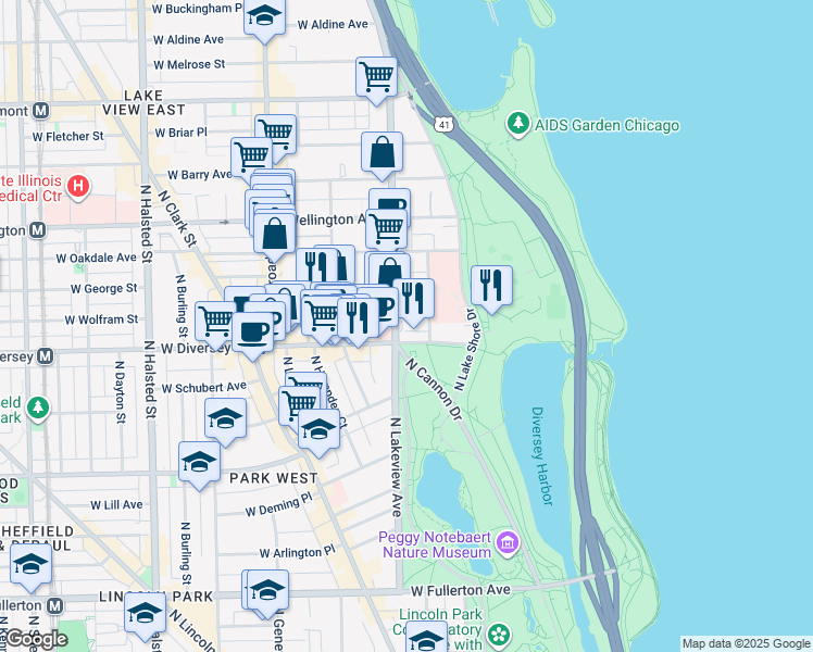 map of restaurants, bars, coffee shops, grocery stores, and more near 2845 North Sheridan Road in Chicago