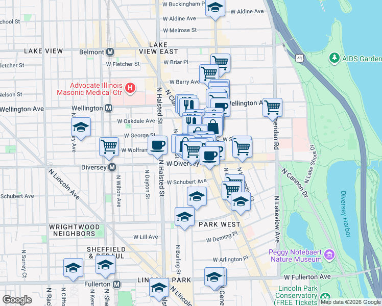 map of restaurants, bars, coffee shops, grocery stores, and more near 2821 North Orchard Street in Chicago
