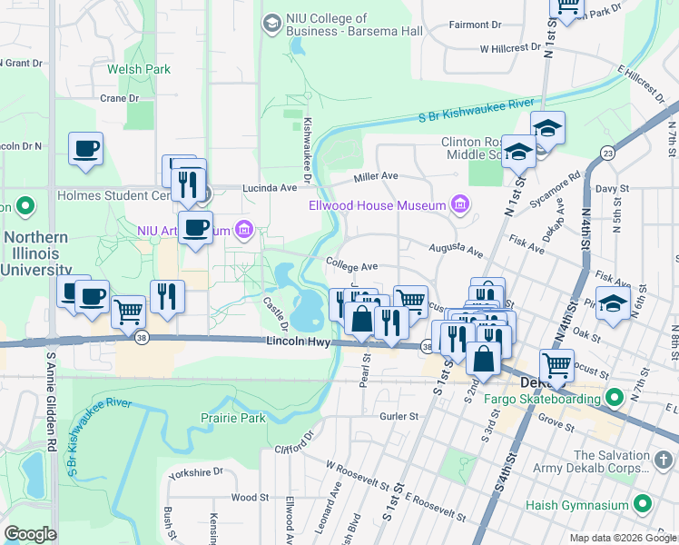 map of restaurants, bars, coffee shops, grocery stores, and more near 518 College Avenue in DeKalb