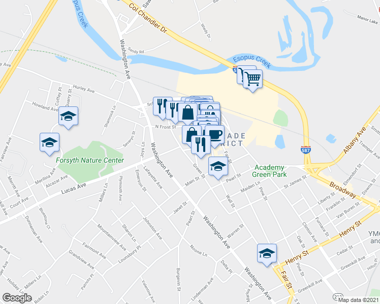 map of restaurants, bars, coffee shops, grocery stores, and more near 86 John Street in Kingston