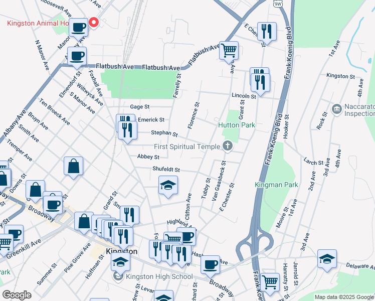 map of restaurants, bars, coffee shops, grocery stores, and more near 120 Stephan Street in Kingston