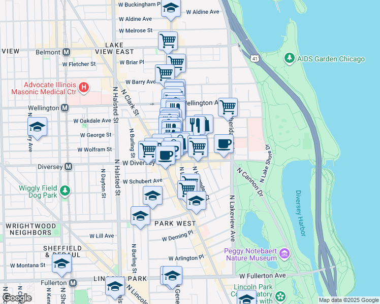 map of restaurants, bars, coffee shops, grocery stores, and more near 2814 North Cambridge Avenue in Chicago