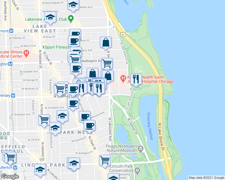 map of restaurants, bars, coffee shops, grocery stores, and more near 2845 North Sheridan Road in Chicago