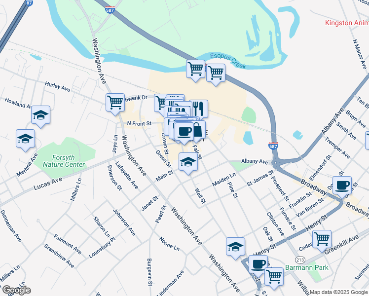 map of restaurants, bars, coffee shops, grocery stores, and more near 288 Wall Street in Kingston