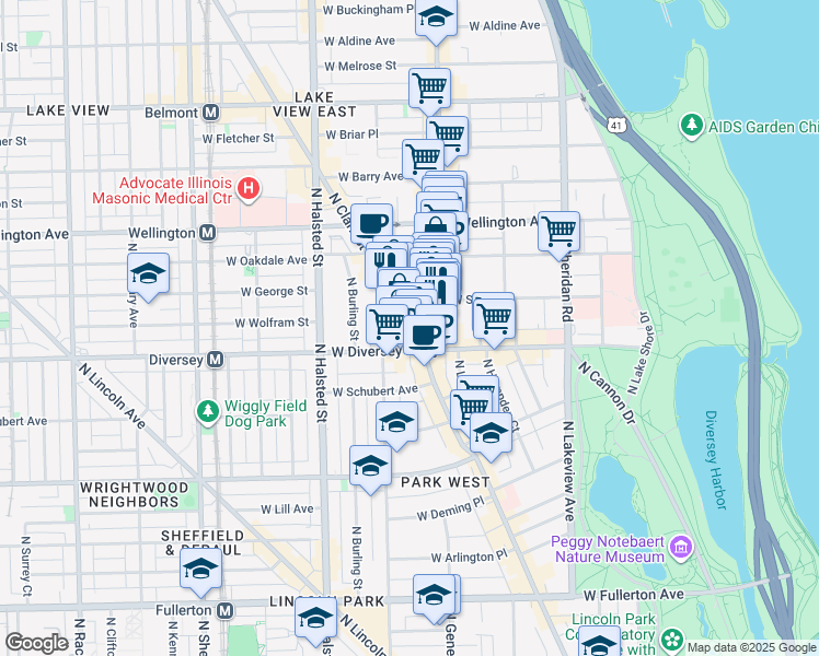 map of restaurants, bars, coffee shops, grocery stores, and more near 2832 North Broadway in Chicago