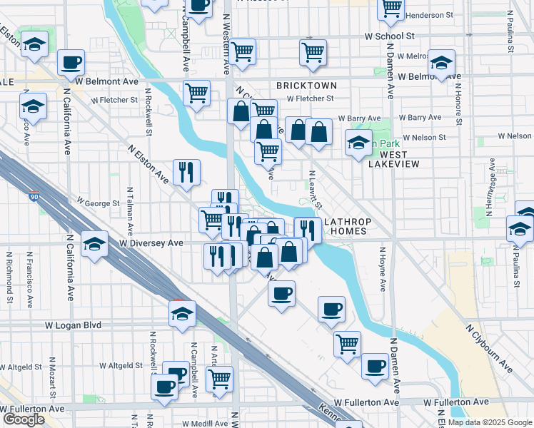 map of restaurants, bars, coffee shops, grocery stores, and more near 2929 North Oakley Avenue in Chicago