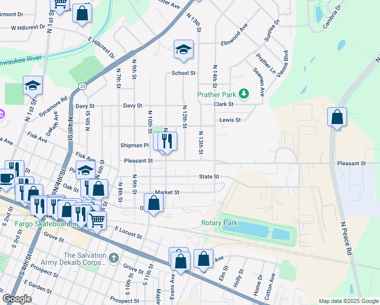 map of restaurants, bars, coffee shops, grocery stores, and more near 633 North 12th Street in DeKalb