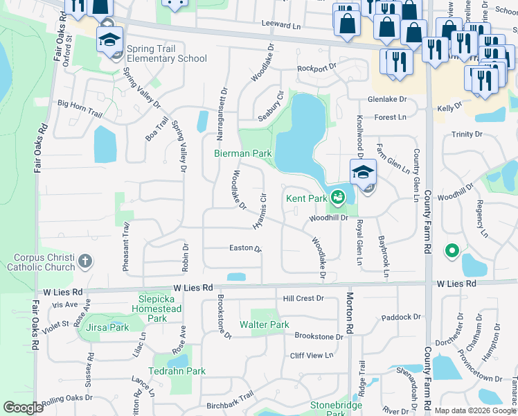 map of restaurants, bars, coffee shops, grocery stores, and more near 1125 Hyannis Circle in Carol Stream