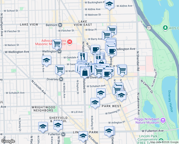map of restaurants, bars, coffee shops, grocery stores, and more near 2842 North Burling Street in Chicago