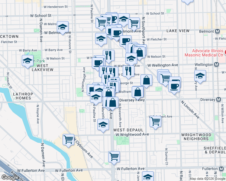 map of restaurants, bars, coffee shops, grocery stores, and more near 2835 North Ashland Avenue in Chicago