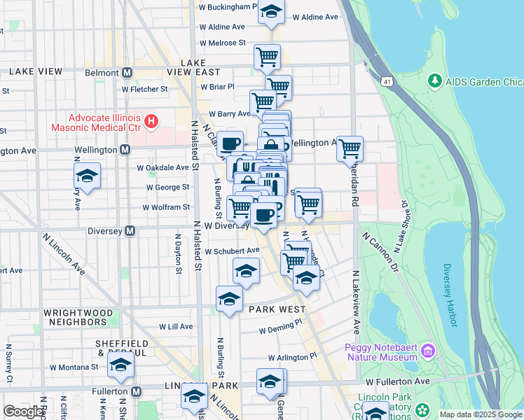 map of restaurants, bars, coffee shops, grocery stores, and more near 2832 North Broadway in Chicago