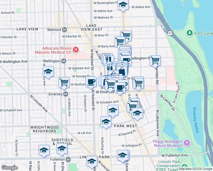 map of restaurants, bars, coffee shops, grocery stores, and more near 2848 North Orchard Street in Chicago