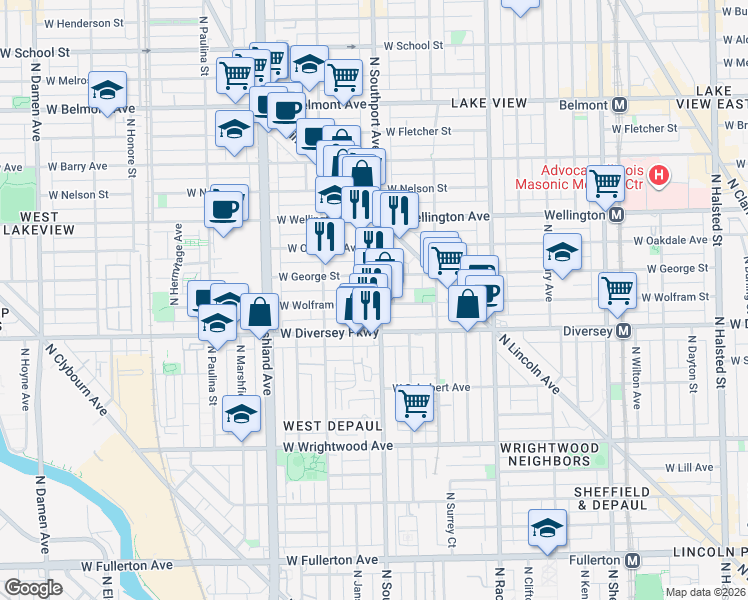 map of restaurants, bars, coffee shops, grocery stores, and more near 2834 North Southport Avenue in Chicago