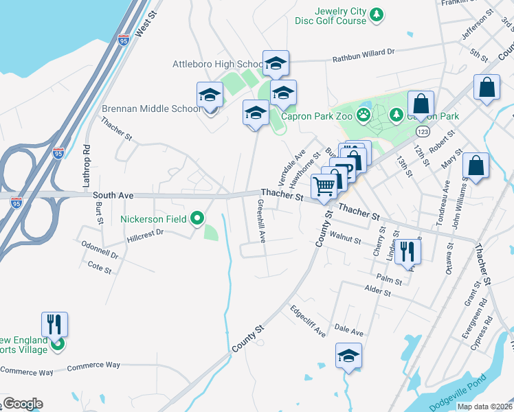 map of restaurants, bars, coffee shops, grocery stores, and more near 520 Thacher Street in Attleboro