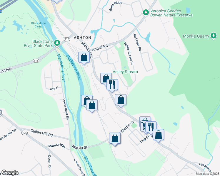map of restaurants, bars, coffee shops, grocery stores, and more near 1317 Mendon Road in Cumberland