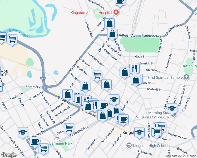 map of restaurants, bars, coffee shops, grocery stores, and more near 137 Bruyn Avenue in Kingston