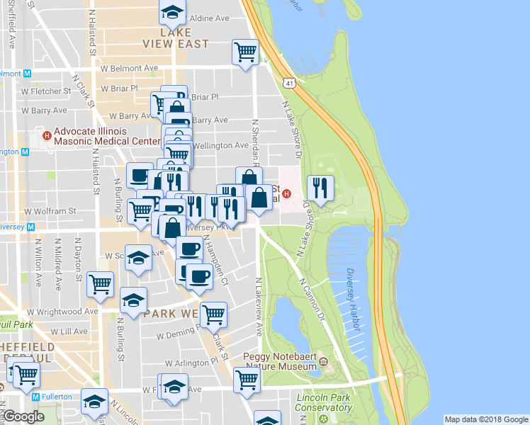 map of restaurants, bars, coffee shops, grocery stores, and more near 2845 North Sheridan Road in Chicago