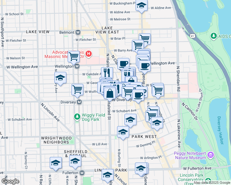 map of restaurants, bars, coffee shops, grocery stores, and more near 2842 North Burling Street in Chicago