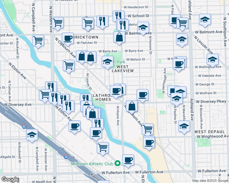 map of restaurants, bars, coffee shops, grocery stores, and more near 2029 West George Street in Chicago