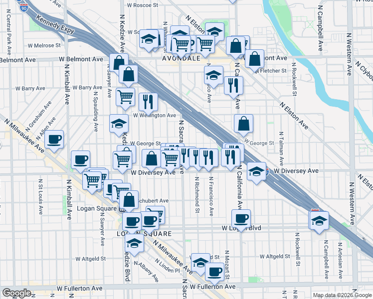 map of restaurants, bars, coffee shops, grocery stores, and more near 2900 North Richmond Street in Chicago
