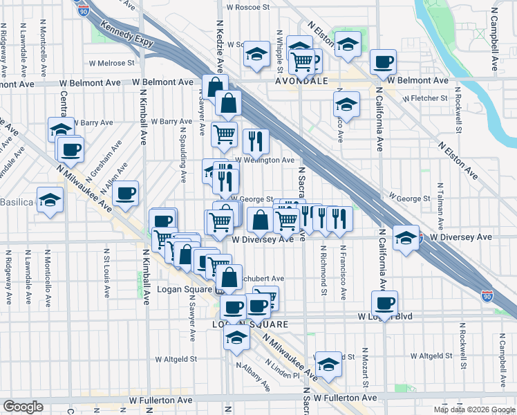 map of restaurants, bars, coffee shops, grocery stores, and more near 2909 North Albany Avenue in Chicago