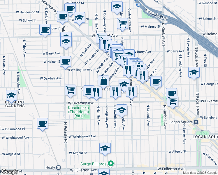 map of restaurants, bars, coffee shops, grocery stores, and more near 3706 West George Street in Chicago