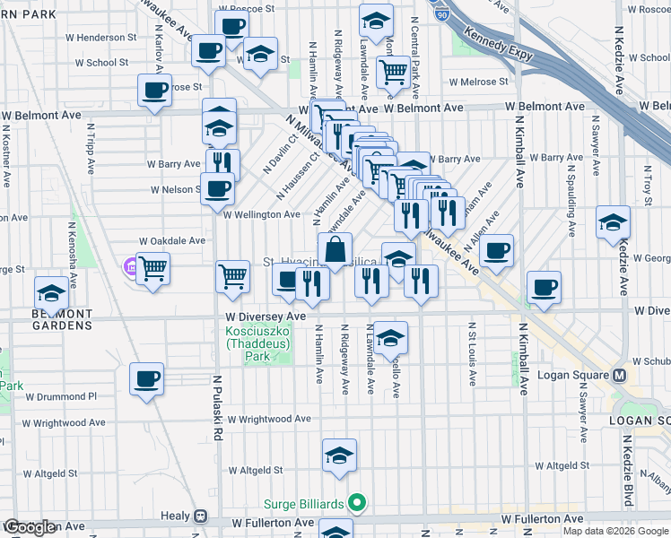 map of restaurants, bars, coffee shops, grocery stores, and more near 2902 North Ridgeway Avenue in Chicago