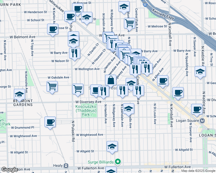 map of restaurants, bars, coffee shops, grocery stores, and more near 2902 North Ridgeway Avenue in Chicago