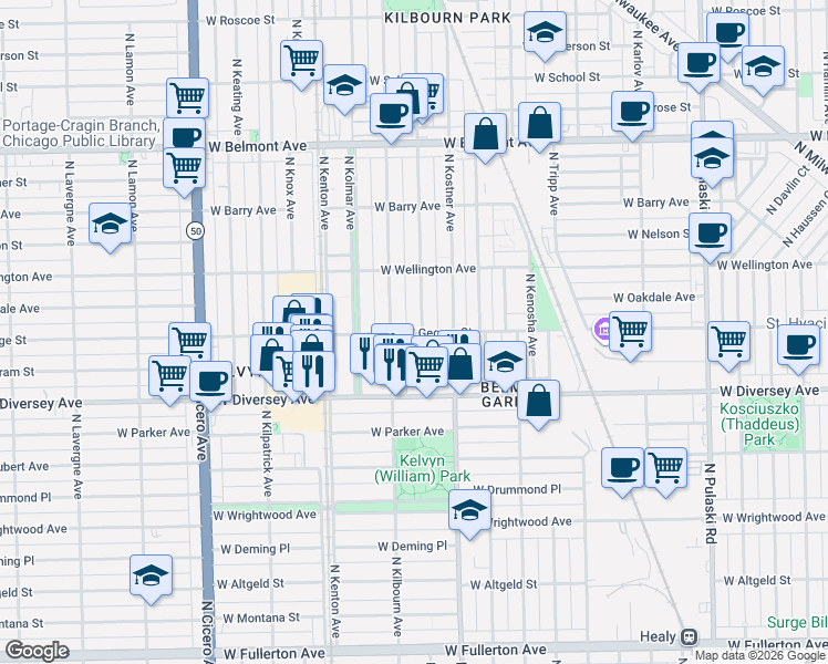 map of restaurants, bars, coffee shops, grocery stores, and more near 2917 North Kenneth Avenue in Chicago