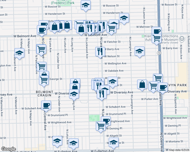 map of restaurants, bars, coffee shops, grocery stores, and more near 5225 West Oakdale Avenue in Chicago