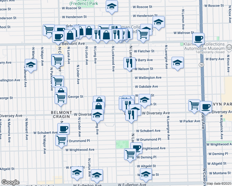 map of restaurants, bars, coffee shops, grocery stores, and more near 5301 West Oakdale Avenue in Chicago