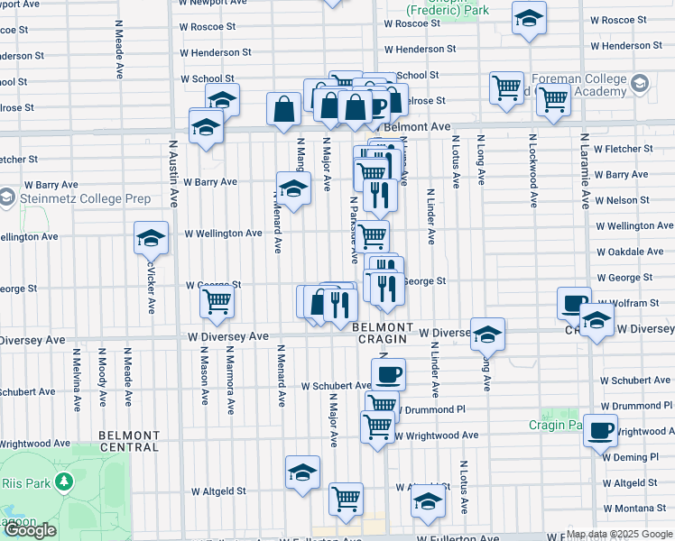 map of restaurants, bars, coffee shops, grocery stores, and more near 2928 North Parkside Avenue in Chicago