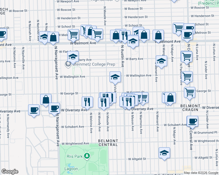 map of restaurants, bars, coffee shops, grocery stores, and more near 2940 North Meade Avenue in Chicago