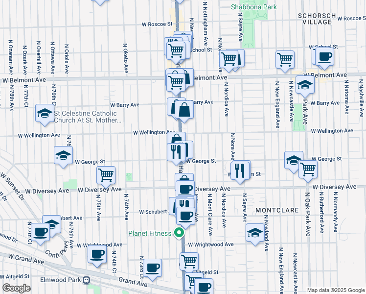 map of restaurants, bars, coffee shops, grocery stores, and more near 2936 North Harlem Avenue in Elmwood Park