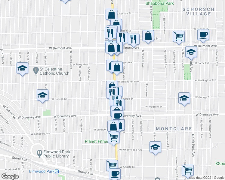 map of restaurants, bars, coffee shops, grocery stores, and more near 2936 North Harlem Avenue in Elmwood Park