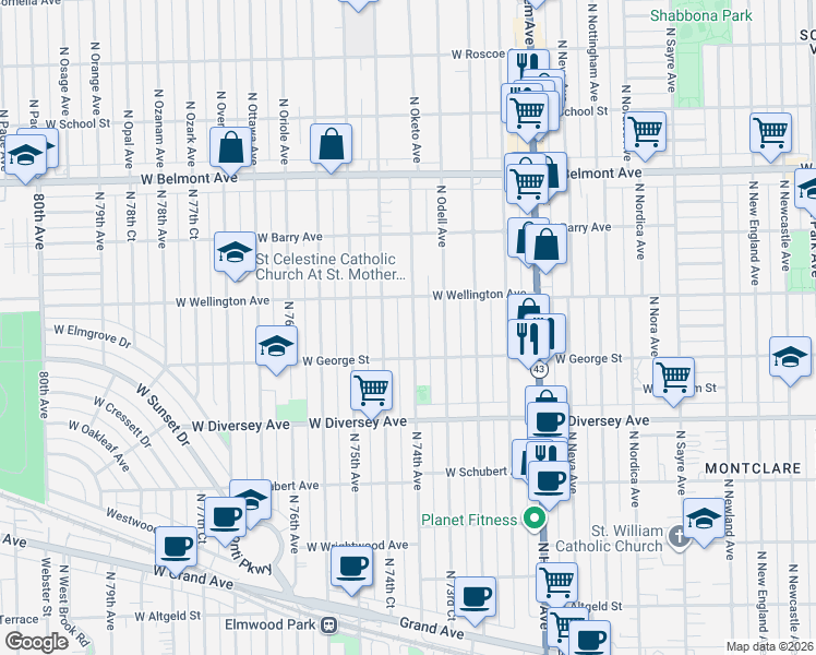 map of restaurants, bars, coffee shops, grocery stores, and more near 2934 North 74th Avenue in Elmwood Park