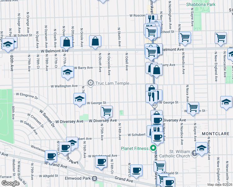 map of restaurants, bars, coffee shops, grocery stores, and more near 2934 North 74th Avenue in Elmwood Park