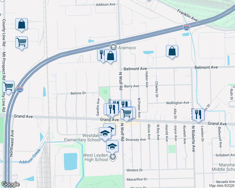 map of restaurants, bars, coffee shops, grocery stores, and more near 3048 North Wolf Road in Melrose Park