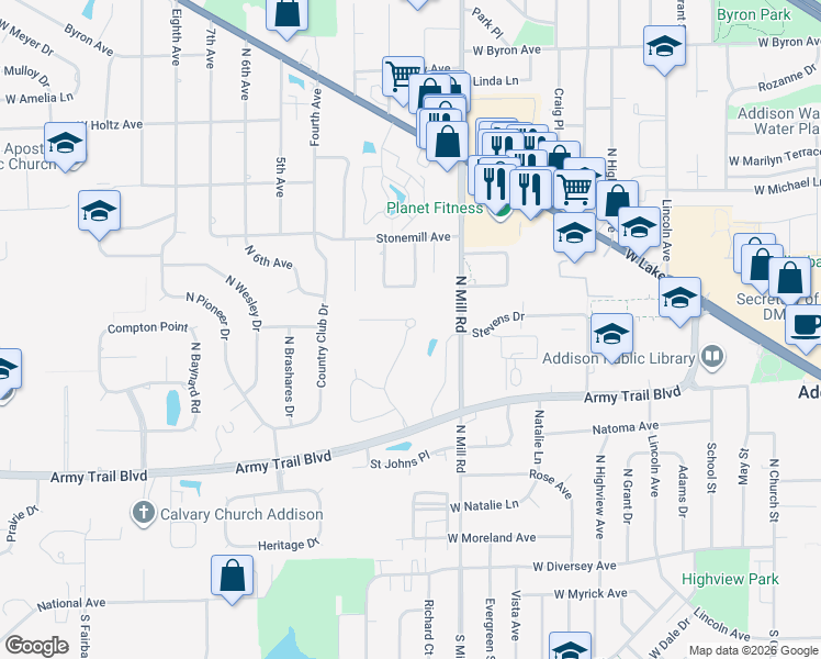 map of restaurants, bars, coffee shops, grocery stores, and more near in Addison