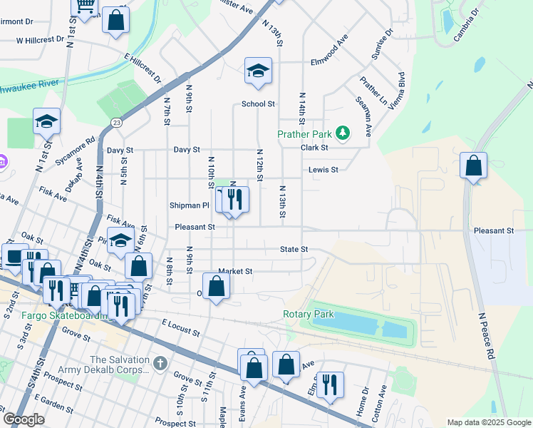 map of restaurants, bars, coffee shops, grocery stores, and more near 633 North 12th Street in DeKalb