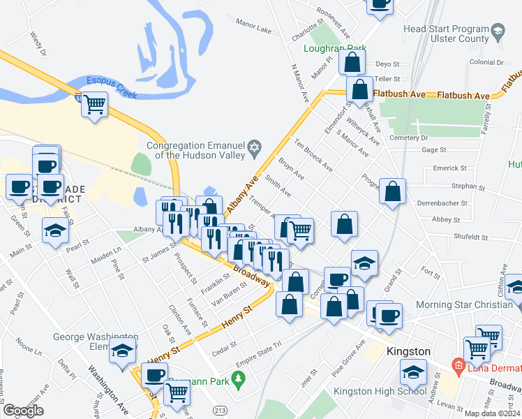 map of restaurants, bars, coffee shops, grocery stores, and more near 81 Elmendorf Street in Kingston