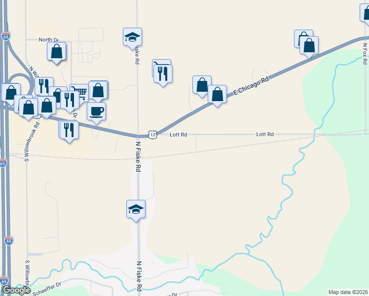 map of restaurants, bars, coffee shops, grocery stores, and more near 621 Lott Road in Coldwater