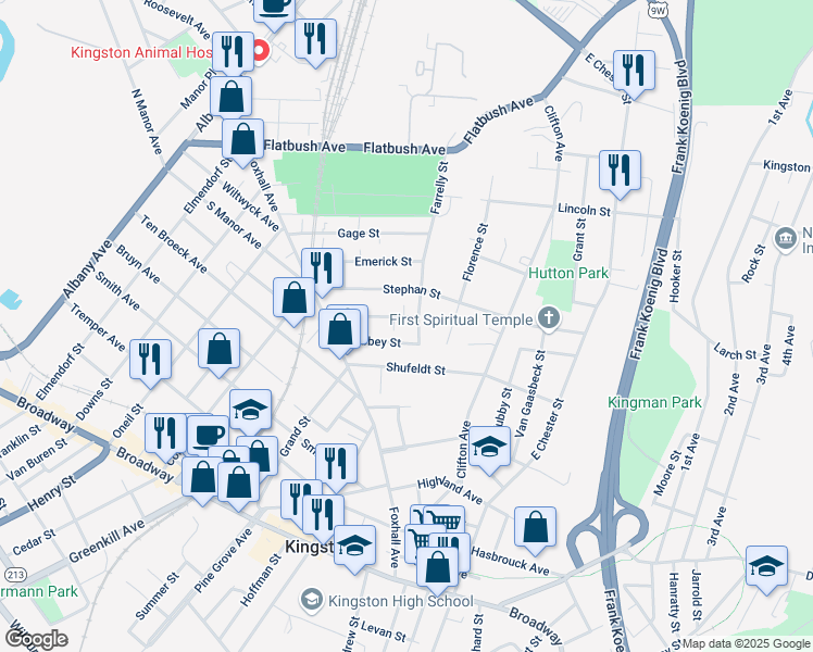 map of restaurants, bars, coffee shops, grocery stores, and more near 75 Derrenbacher Street in Kingston