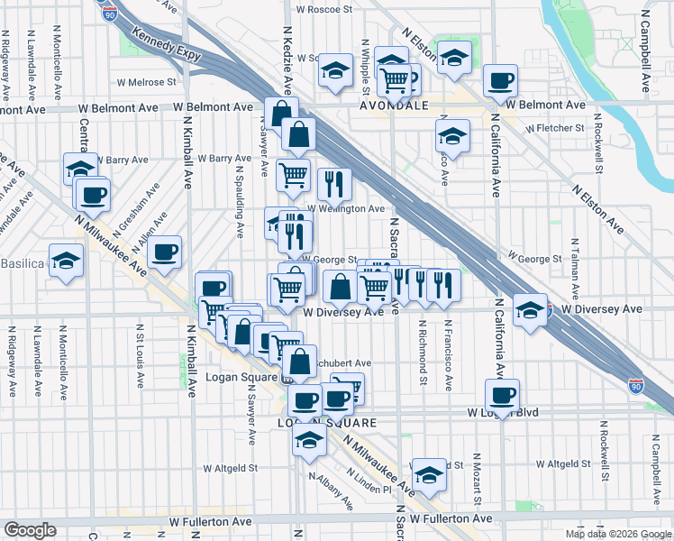 map of restaurants, bars, coffee shops, grocery stores, and more near 2848 North Albany Avenue in Chicago