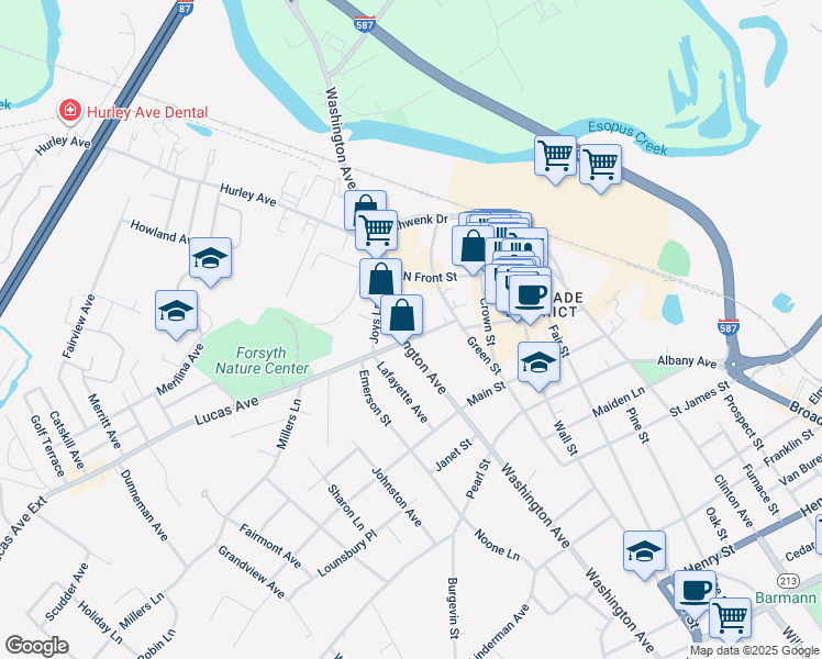 map of restaurants, bars, coffee shops, grocery stores, and more near 17 Lucas Avenue Extension in Kingston