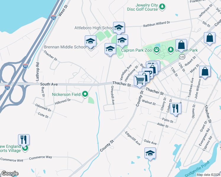 map of restaurants, bars, coffee shops, grocery stores, and more near 520 Thacher Street in Attleboro