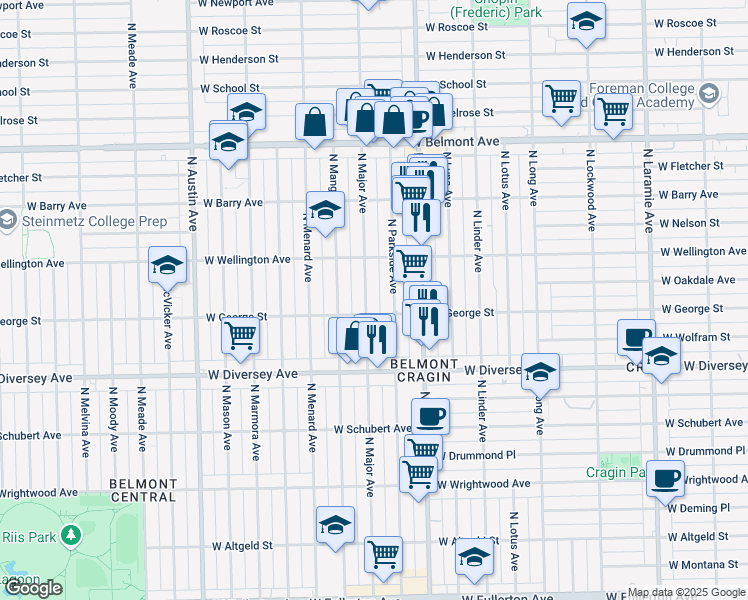 map of restaurants, bars, coffee shops, grocery stores, and more near 2928 North Parkside Avenue in Chicago