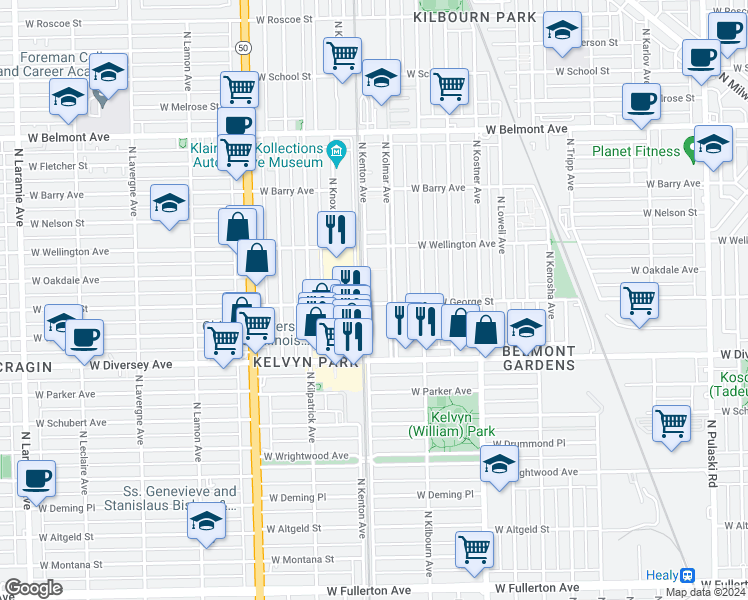 map of restaurants, bars, coffee shops, grocery stores, and more near 4554 West George Street in Chicago