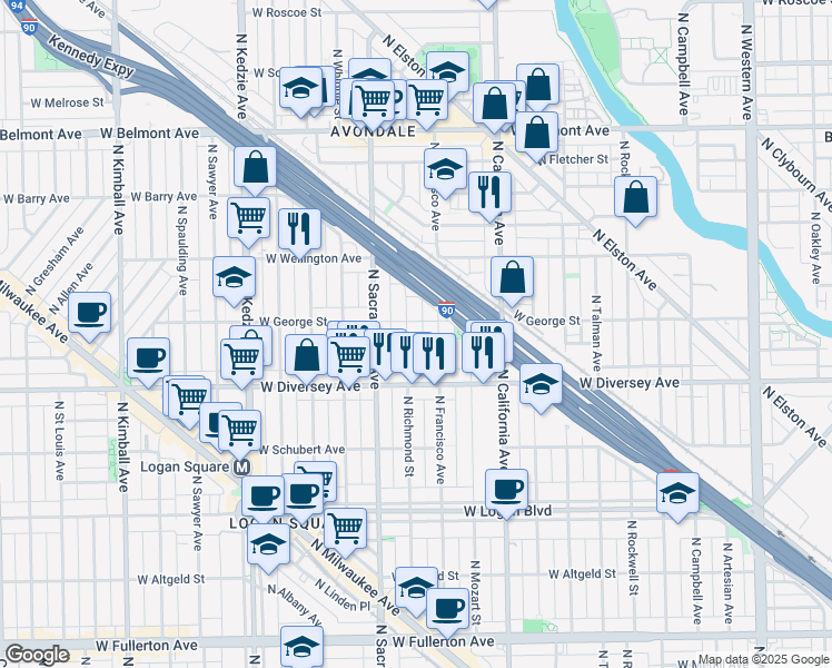 map of restaurants, bars, coffee shops, grocery stores, and more near 2910 West George Street in Chicago