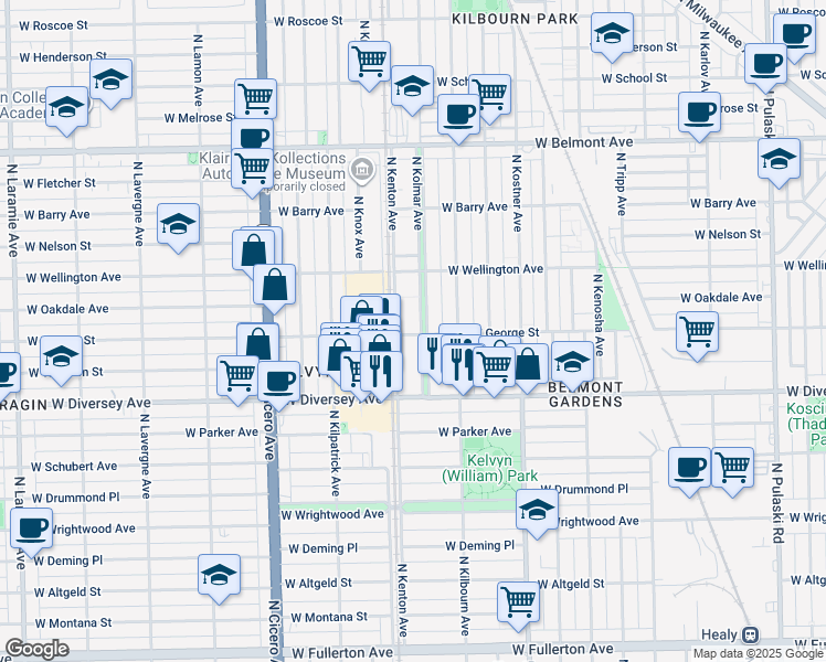 map of restaurants, bars, coffee shops, grocery stores, and more near 4542 West George Street in Chicago